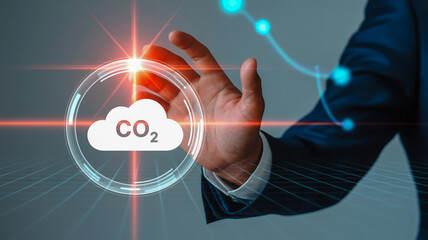 Hand interacting with a digital co2 cloud icon for carbon emissions tracking