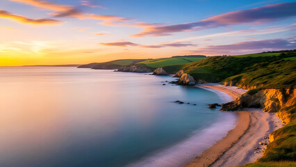 Fototapeta premium Coastal serenity a golden sunset over tranquil beach and cliffs