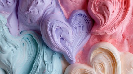 A colorful abstract painting featuring a heart shape made of pastel colors, with a pink, purple, and blue gradient, set against a white background.