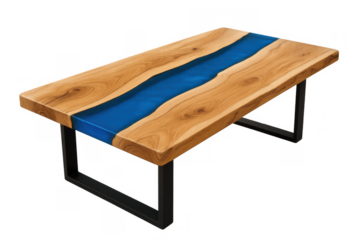 River coffee table featuring live edge oak wood, blue epoxy resin, and black metal legs. Transparent background