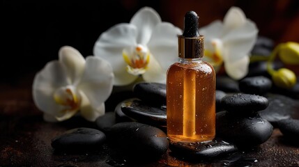 A bottle of essential oil with a dropper, surrounded by white orchid flowers and black stones on a dark wooden surface.