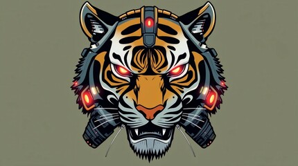 Cybernetic Tiger: A striking illustration of a tiger's head fused with futuristic cybernetic enhancements, blending nature and technology into a captivating, high-tech, design.