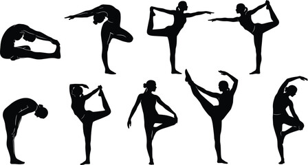 Yoga dance silhouettes, flexibility pose, balance gesture, graceful movement, physical fitness, expressive posture, body control, standing stretch, dynamic figu