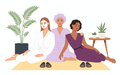 Three women enjoying a spa day together, showcasing friendship, self-care, and relaxation in a serene atmosphere, emphasizing beauty and wellness.