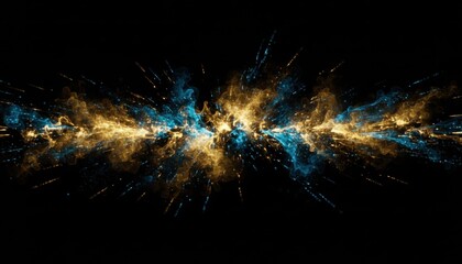 A dynamic explosion of shimmering gold and blue particles against a dark background, creating an abstract cosmic nebula
