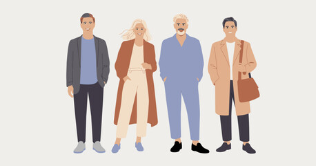 This illustration showcases four fashionable individuals standing together in trendy outfits, representing style, modernity, and the diversity of personal expression and fashion choices.