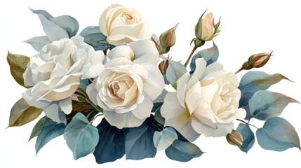A watercolor painting of a bouquet of white roses with green leaves and stems, set against a white background with a subtle blue tint.