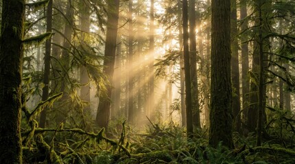 Sunbeams filtering through the lush, green canopy of a misty, old-growth forest, creating a magical and serene atmosphere