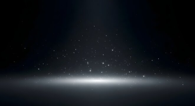 Abstract light blue background with glowing stars, motion particles, and a dark space galaxy
