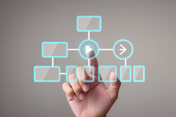 Fototapeta premium businessman touching virtual screen Business process and workflow automation with flowchart