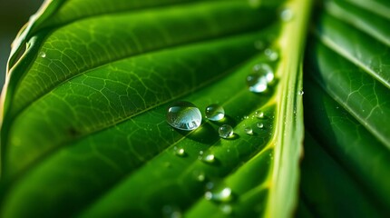 Water Droplets on Leaf: Captured in macro, crystalline water droplets glisten on a vibrant green leaf, reflecting the beauty and delicate intricacies of the natural world.