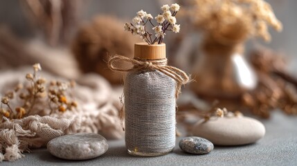 A glass bottle with a wooden cap, adorned with a burlap ribbon, sits on a gray surface with a few stones and dried flowers in the background.