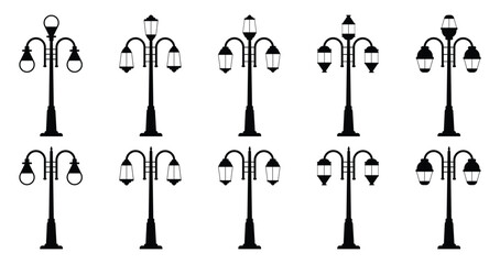 Vector of street lamp icon - street light posts set, sidewalk lantern icon illustration