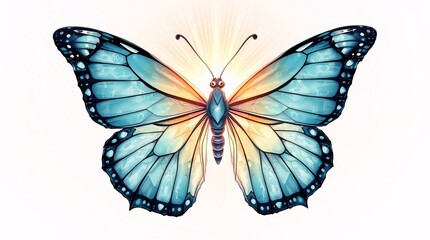 Butterfly's vibrant wings: a symmetrical, delicate insect, its intricate wings showcasing shades of turquoise and gold, conveying notions of freedom, transformation, and natural beauty.