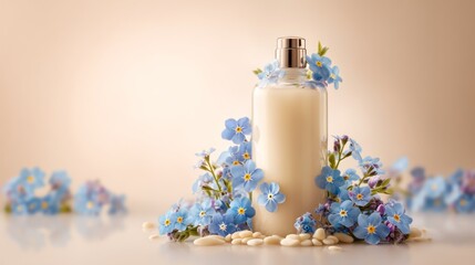 A perfume bottle with blue flowers and a beige background.