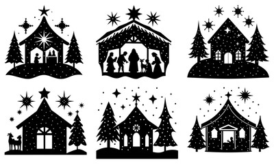 Silhouette christmas scenes with nativity, stars, trees and houses in a black and white illustration