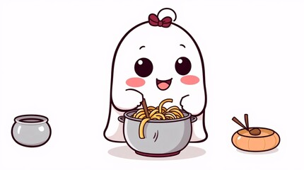 Noodle Time Delight: An animated culinary scene featuring a charming ghost, preparing noodles in a pot, alongside other elements. A whimsical, joyful, and creative rendering.