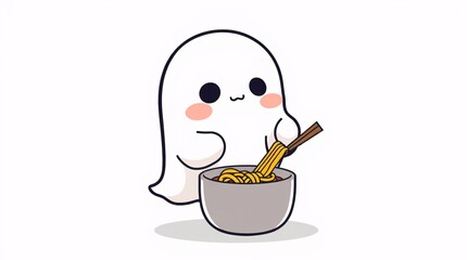 Ghostly Noodle Delight: A charming, cartoon ghost enjoys a comforting bowl of noodles, creating a heartwarming scene with its playful innocence.