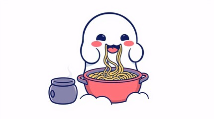 Noodle-loving Creature: A cartoonish creature gleefully slurps up noodles from a steaming pot, a delightful moment of culinary joy.