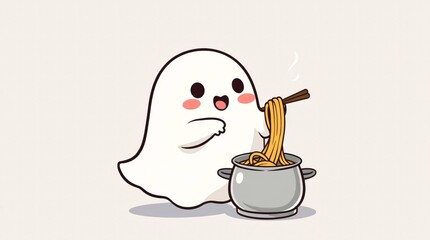 A Whimsical Ghost's Noodle Feast: A charming cartoon ghost delightfully savors a steaming bowl of noodles, creating a playful and lighthearted scene.
