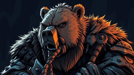Bear warrior illustration: A powerful illustration of a bear warrior, exuding strength and determination in its armored attire, perfect for fantasy and gaming enthusiasts.
