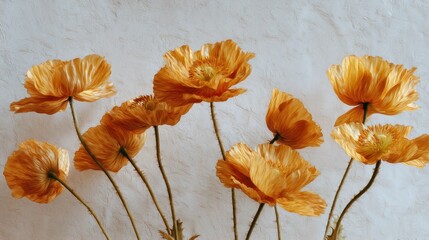 A group of dried orange poppies arranged against a white textured wall, with a subtle shadow cast by the flowers, giving a sense of depth and dimension.