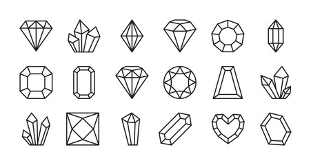 Diamond & crystal black icon set. Jewel sign. Brilliant symbol. Precious stone, gemstone concept. Editable stroke. Vector illustration. Isolated on a white background. Different shapes. Flat design.