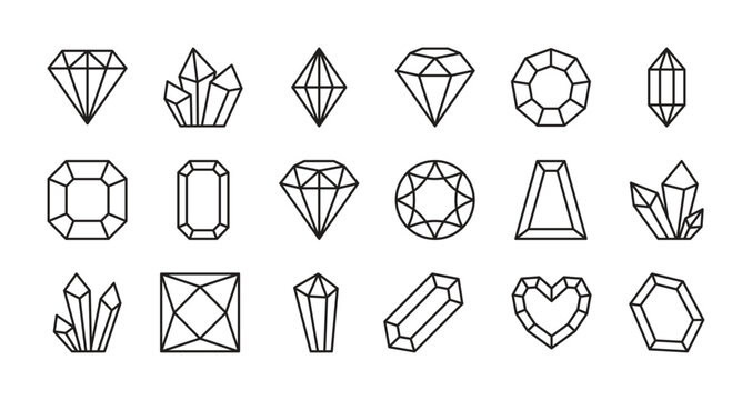 Diamond & crystal black icon set. Jewel sign. Brilliant symbol. Precious stone, gemstone concept. Editable stroke. Vector illustration. Isolated on a white background. Different shapes. Flat design.