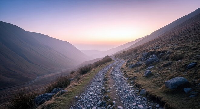 A scenic mountain path winds through a valley, bathed in the soft light of a sunset, creating a tranquil and atmospheric landscape.
