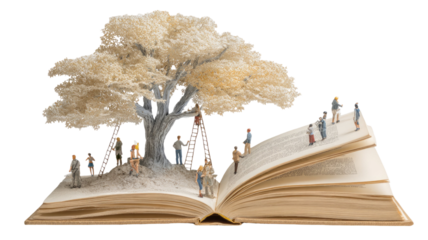 people and tree on Old open education book, glasses, and feather isolated on a white background for knowledge and literature study