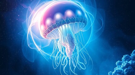 Glowing Jellyfish in the Deep: A mesmerizing jellyfish, illuminated with vibrant hues, gracefully drifts through the inky depths of the ocean.