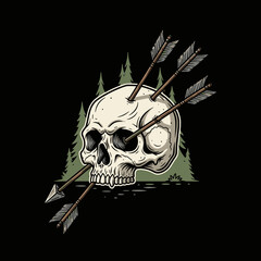 Skull pierced by arrows in a dark forest setting.