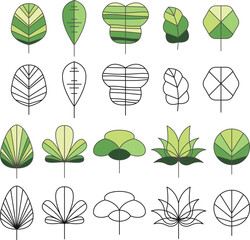 Different trees cartoon and black silhouettes collection vector