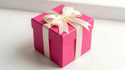 Obraz premium Elegant pink gift box with cream ribbon on a white surface top view