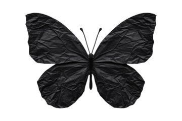 Black origami butterfly with textured paper wings displaying elegant symmetrical design and details, isolated on a transparent background