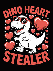 A cartoon dinosaur wears sunglasses and smiles   The text 'Dino Heart Stealer' is whimsically integrated.