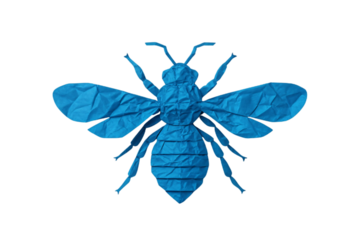 Bee illustration with detailed body segments and translucent wings in blue origami style, isolated on a transparent background
