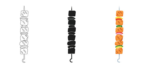 Set of three kebab skewer icons showing outline, silhouette, and colorful grilled meat and vegetable food illustration