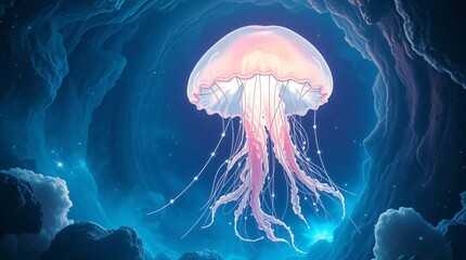 Underwater Reverie: A luminous jellyfish drifts through a mesmerizing, ethereal underwater realm, its delicate form illuminated by an otherworldly glow.