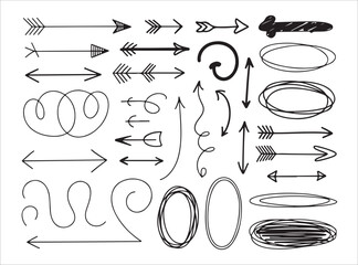 Set of hand drawn arrows and frames isolated on white background vector illustration graphic elements