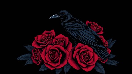 Dark Raven's Rose Perch: A raven perches majestically atop a bed of blooming red roses, an evocative and mysterious symbol of beauty and darkness, with elegant detail