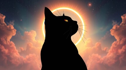 Celestial Cat Silhouette: A mystical, dark silhouette of a cat is positioned against a vibrant backdrop of a celestial event, perhaps an eclipse, or symbolic of something higher power. 
