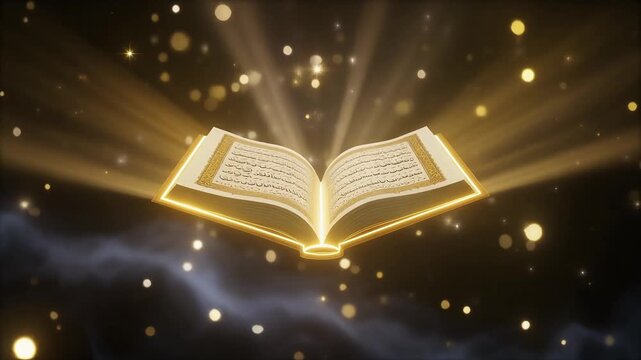 Glowing open holy book with light rays and bokeh effect