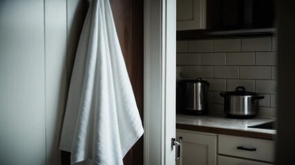 A white towel hung on a hook in a modern kitchen, great for everyday use or as a decorative accent