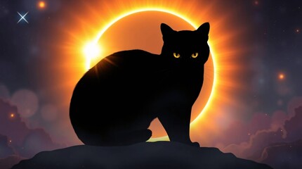 Mystical Night Cat: A captivating silhouette of a black cat, bathed in the ethereal glow of a solar eclipse, creating a mysterious and enchanting scene. 