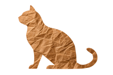 Sitting brown paper cat silhouette with wrinkled texture and curved tail, isolated on a transparent background