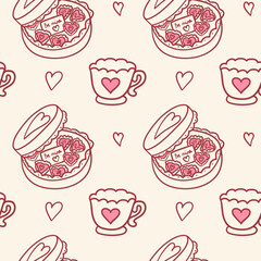 Seamless Valentine pattern with heart chocolate box, tea cup with heart, and hand-drawn hearts on a soft cream background, perfect for romantic wrapping paper, fabric, and sweet packaging.