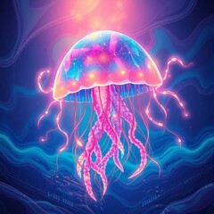 Oceanic Jewel: A captivating illustration of a bioluminescent jellyfish, its ethereal form glowing amidst a stylized aquatic realm, a testament to the wonders of marine life.