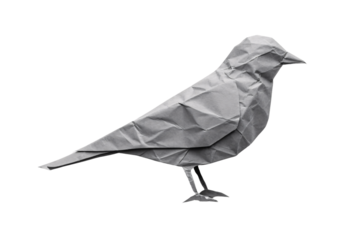 Gray origami bird perched on legs with crumpled paper texture and beak detail, isolated on a transparent background