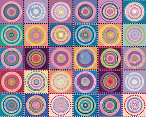 Naklejka premium Colorful concentric circles arranged in a grid pattern creating a vibrant mosaic